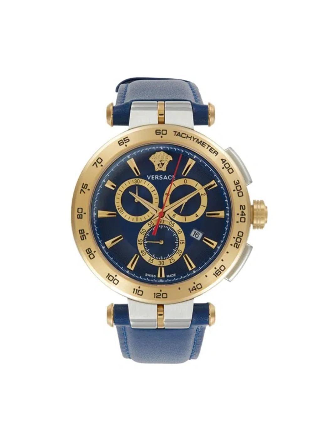 Men's Aion Chrono 45mm Two Tone Stainless Steel & Leather Strap Chronograph Watch In Sapphire Product Image