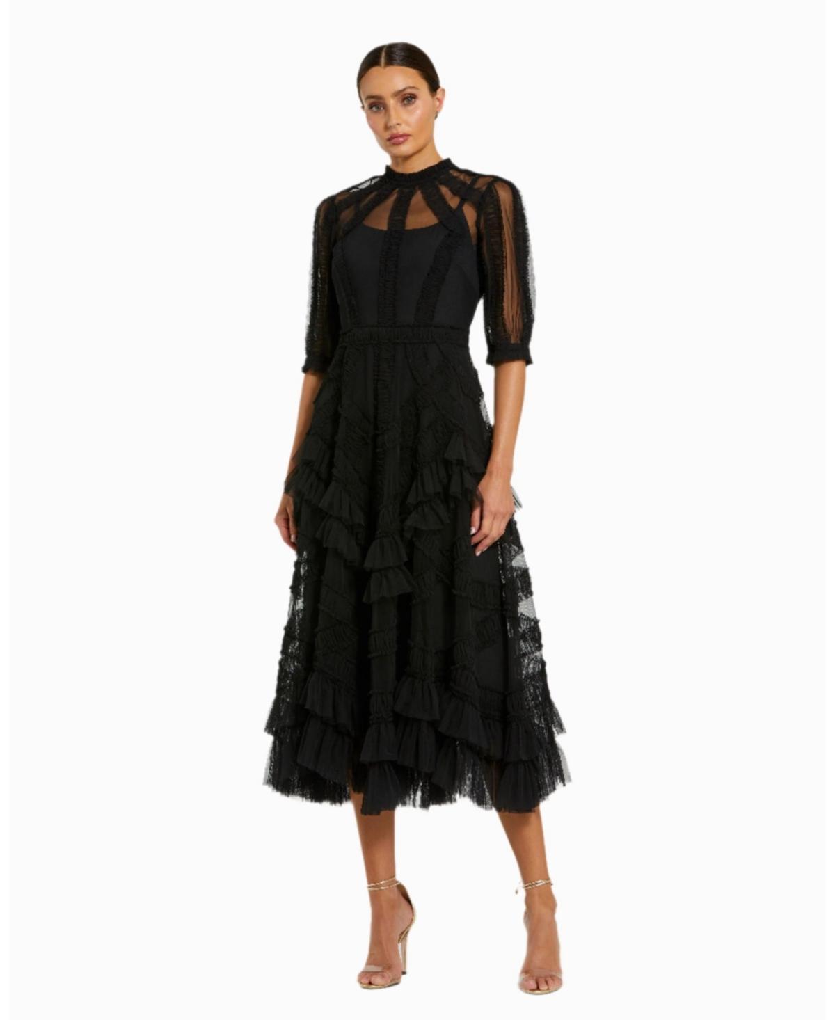 Mac Duggal Womens High Neck Puff Sleeve Ruffle Tiered Dress Product Image