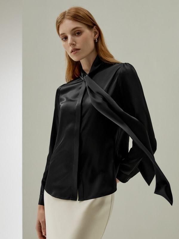 Women Bow-tie Neck Silk Blouse Product Image