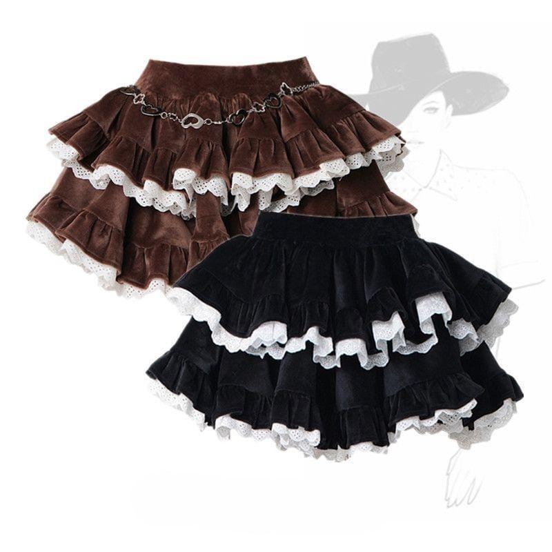 High Rise Lace-Trim Corduroy Layered Mini Tulle Skirt Product Image