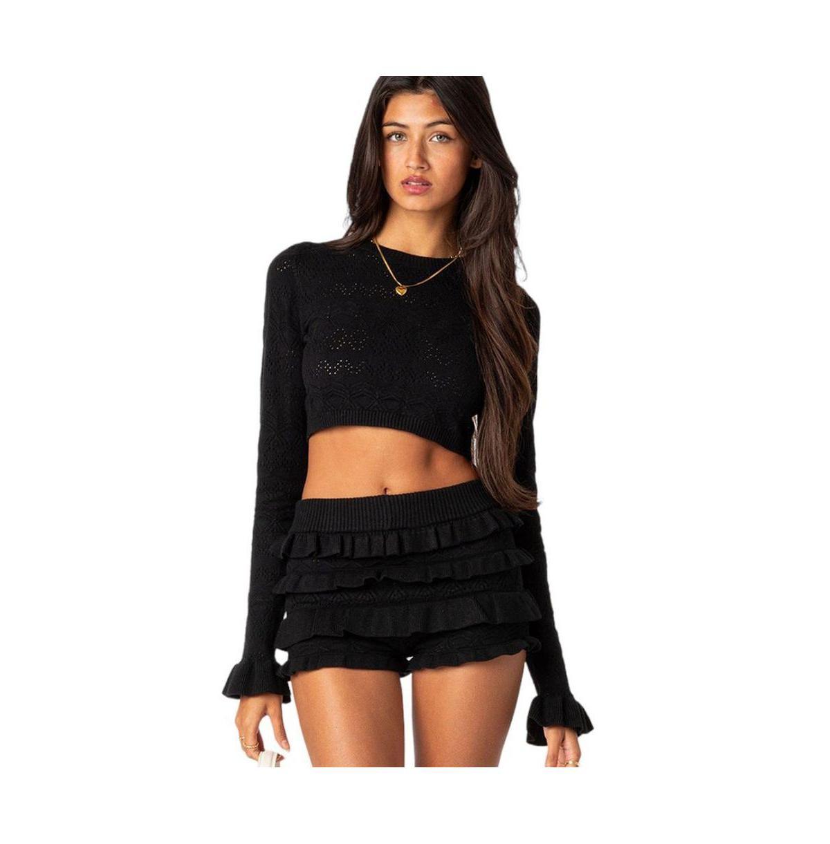 EDIKTED Delana Ruffle Cuff Pointelle Crop Sweater Product Image