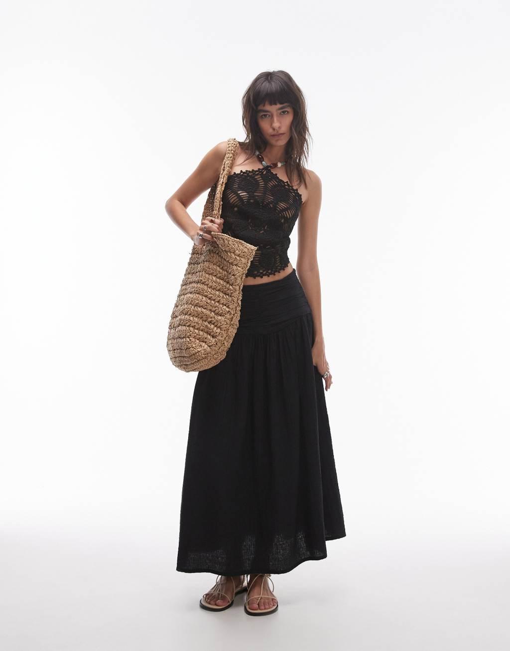 Topshop premium knitted crochet style halter top with beads in black Product Image