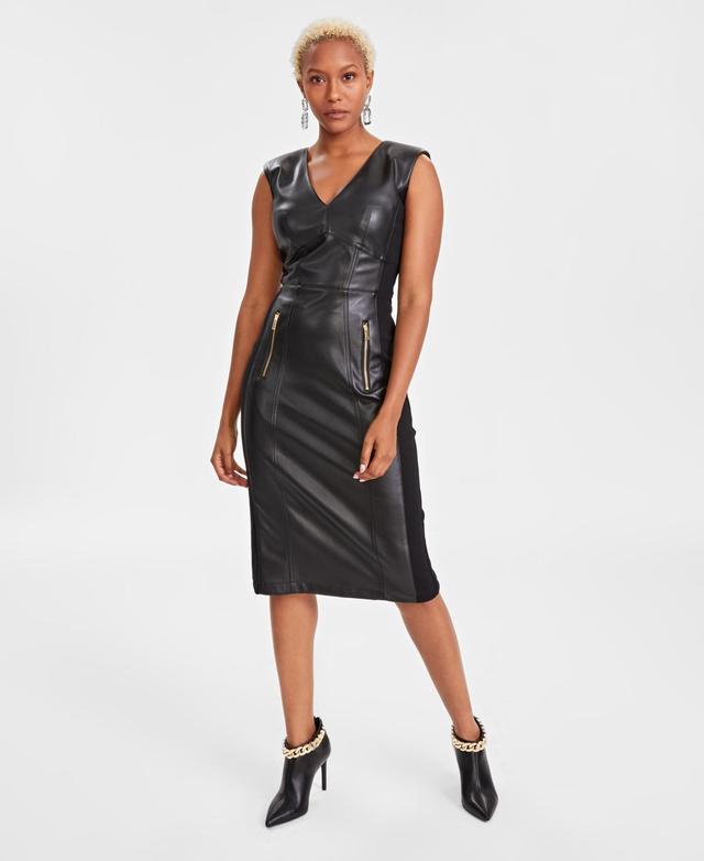 I.n.c. International Concepts Womens V-Neck Faux-Leather Midi Dress, Created for Macys Product Image