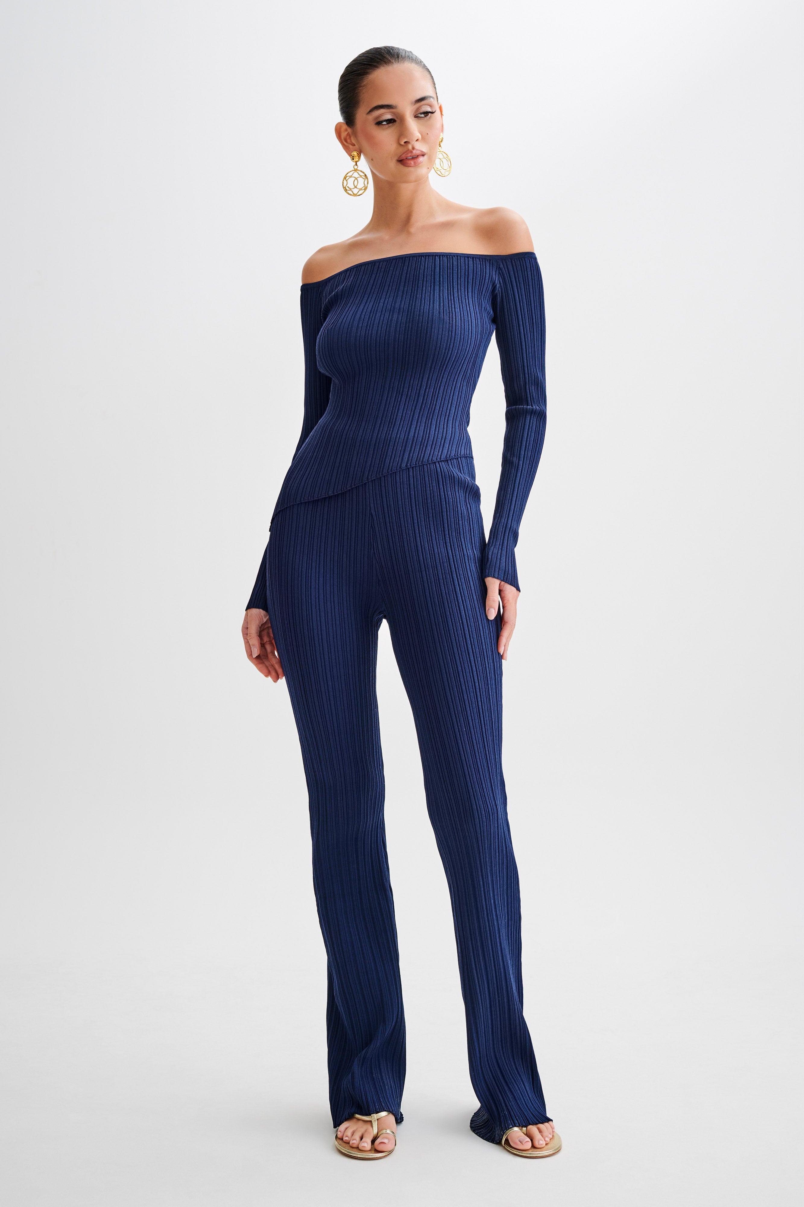 Chiara Off Shoulder Rib Knit Top - Navy Product Image