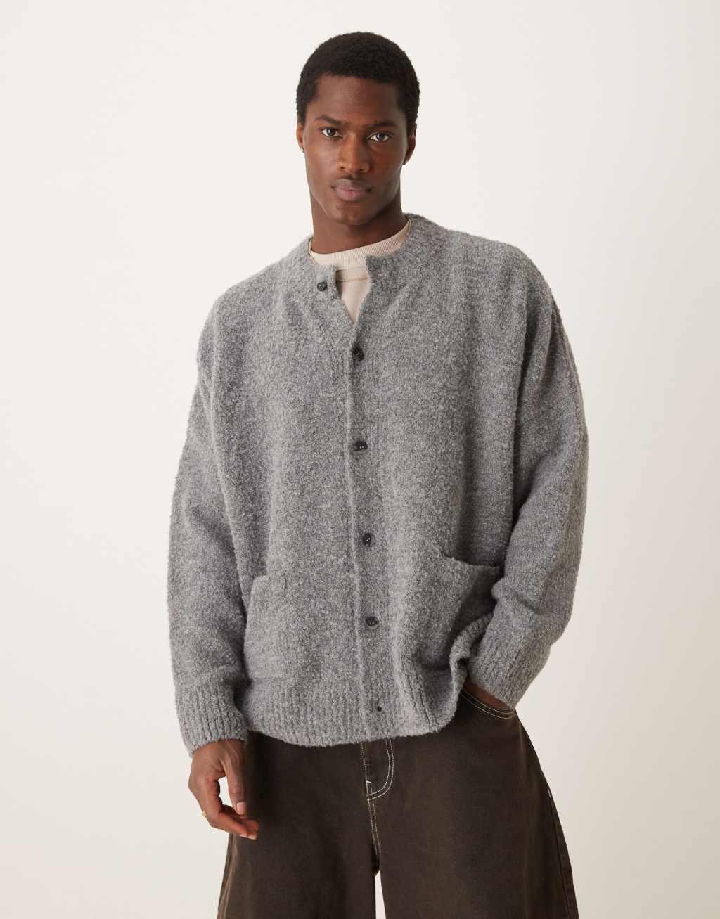 ASOS DESIGN super oversized boxy fit knitted boucle crew neck cardigan in gray heather with pockets Product Image