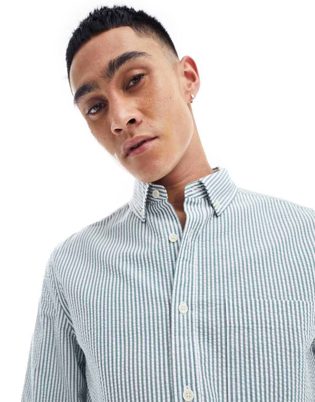 ASOS DESIGN seersucker textured smart shirt in green stripe Product Image