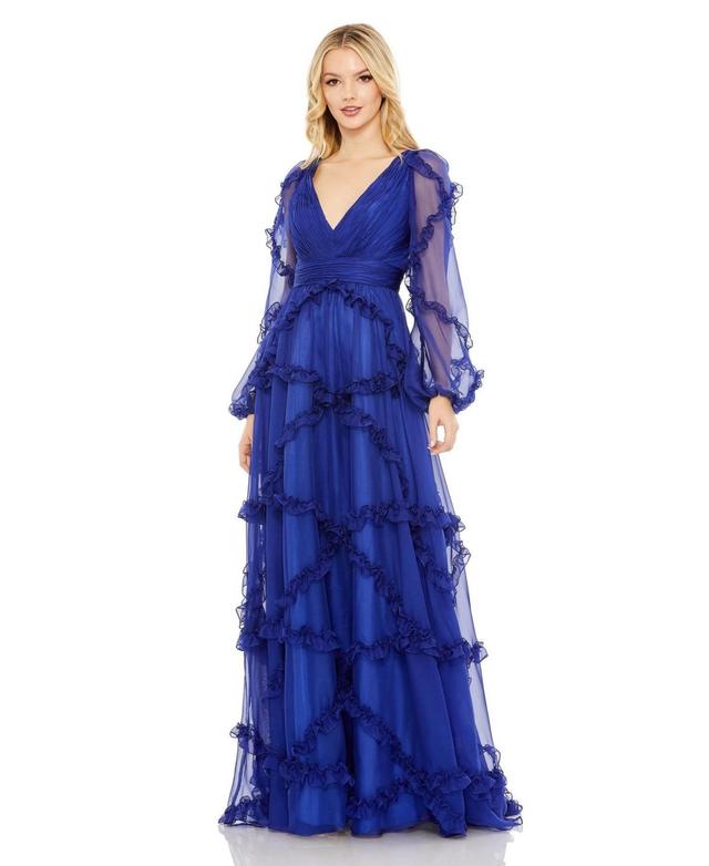 Mac Duggal Cascade Ruffle Long Sleeve A-Line Gown Product Image