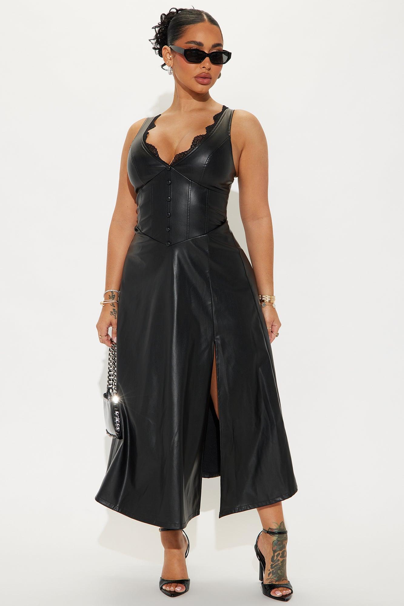 Been Fine Faux Leather Corset Midi Dress - Black Product Image