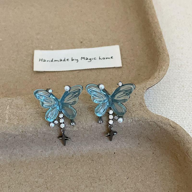 925 Sterling Silver Butterfly Rhinestone Star Drop Earring Product Image