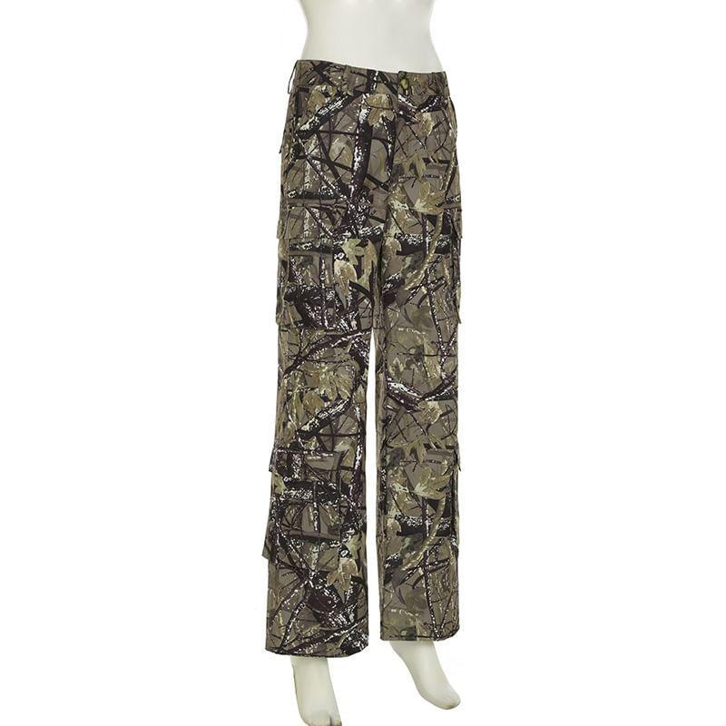 Mid Rise Camouflage Wide Leg Cargo Pants Product Image