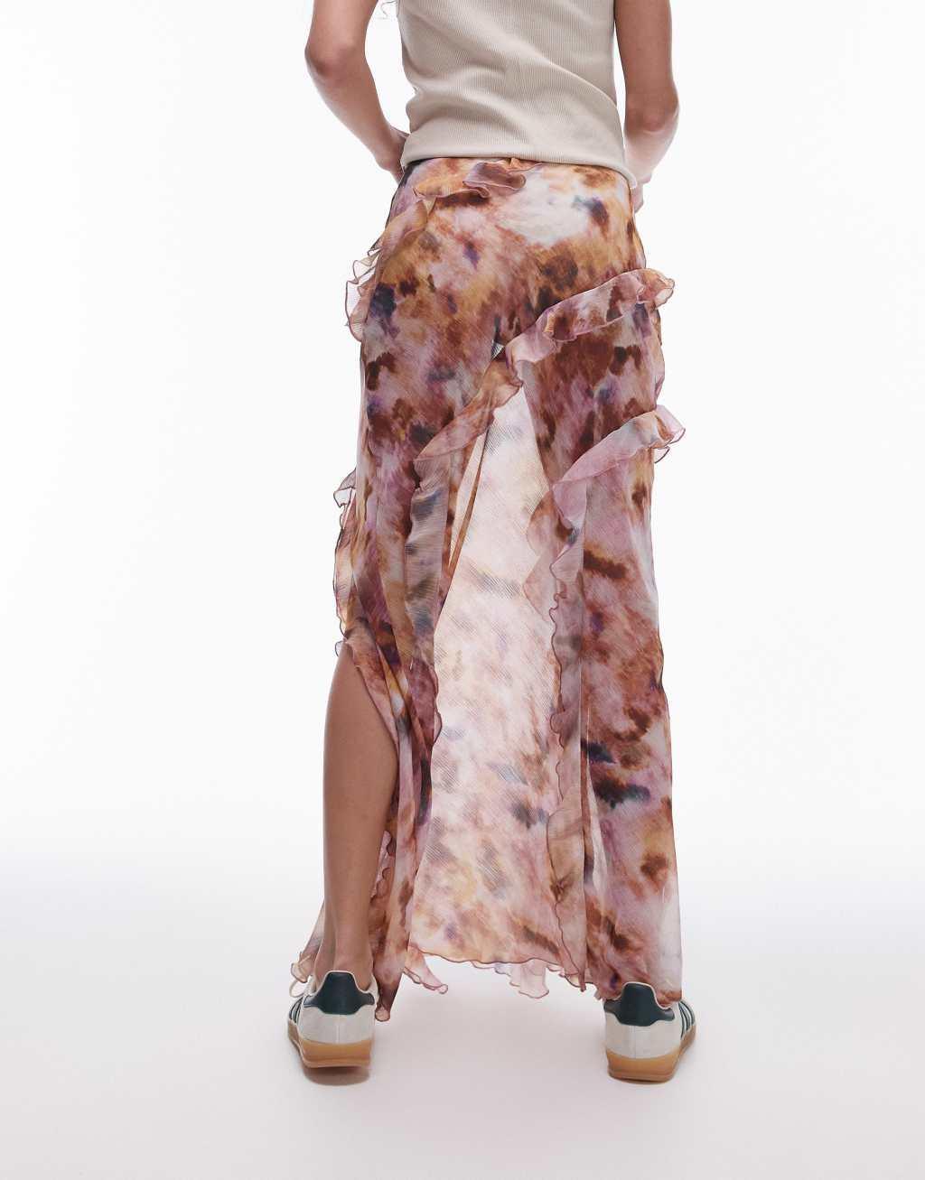 Topshop Ruffle Sheer Maxi Skirt in splodge tie dye Product Image