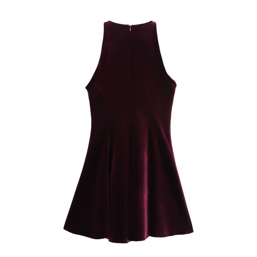 Sleeveless Round Neck Plain Velvet Midi A-Line Dress Product Image