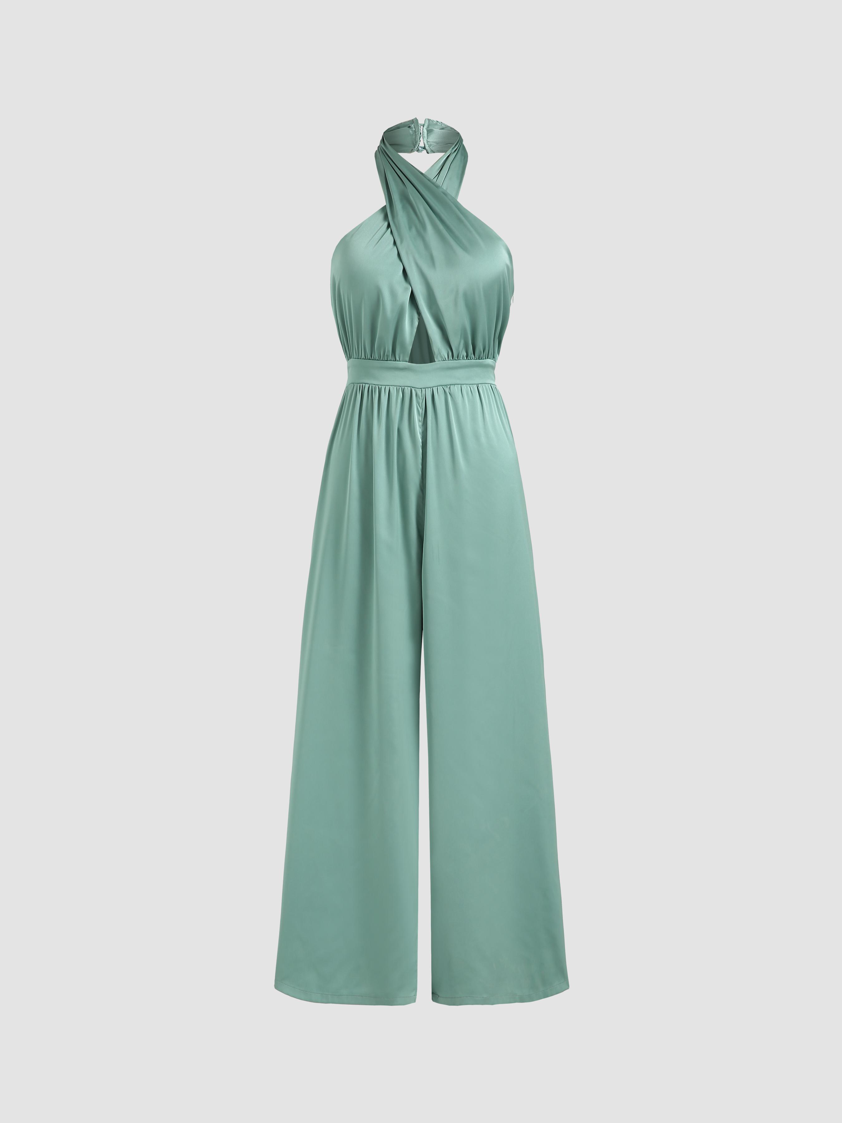 Solid Satin Cross Halter Jumpsuit Product Image