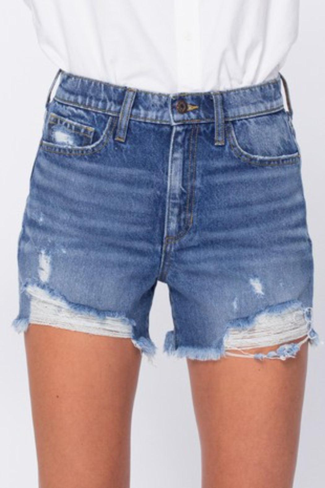 High rise denim shorts with frayed hem product image