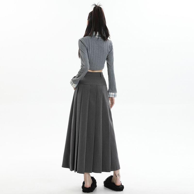 High Rise Plain Midi Pleated A-Line Suit Skirt Product Image