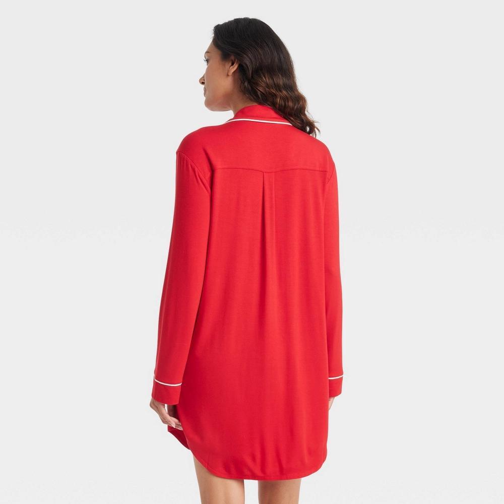 Womens Cloud Knit Notch Collar Long Sleeve NightGown - Auden Red L Product Image