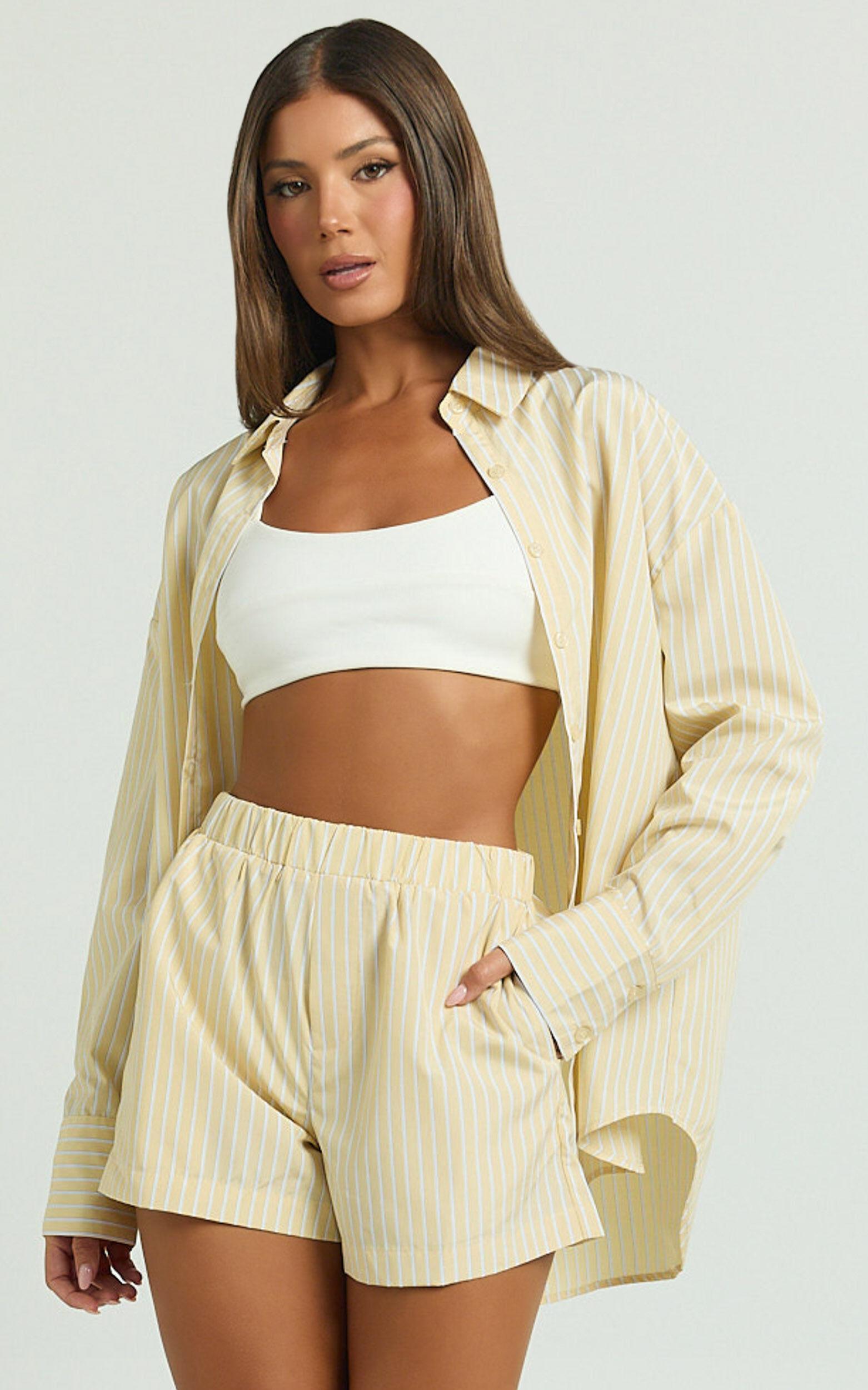 Chaemay Shorts - High Waisted A-Line Boxer Shorts in Lemon Stripe Product Image