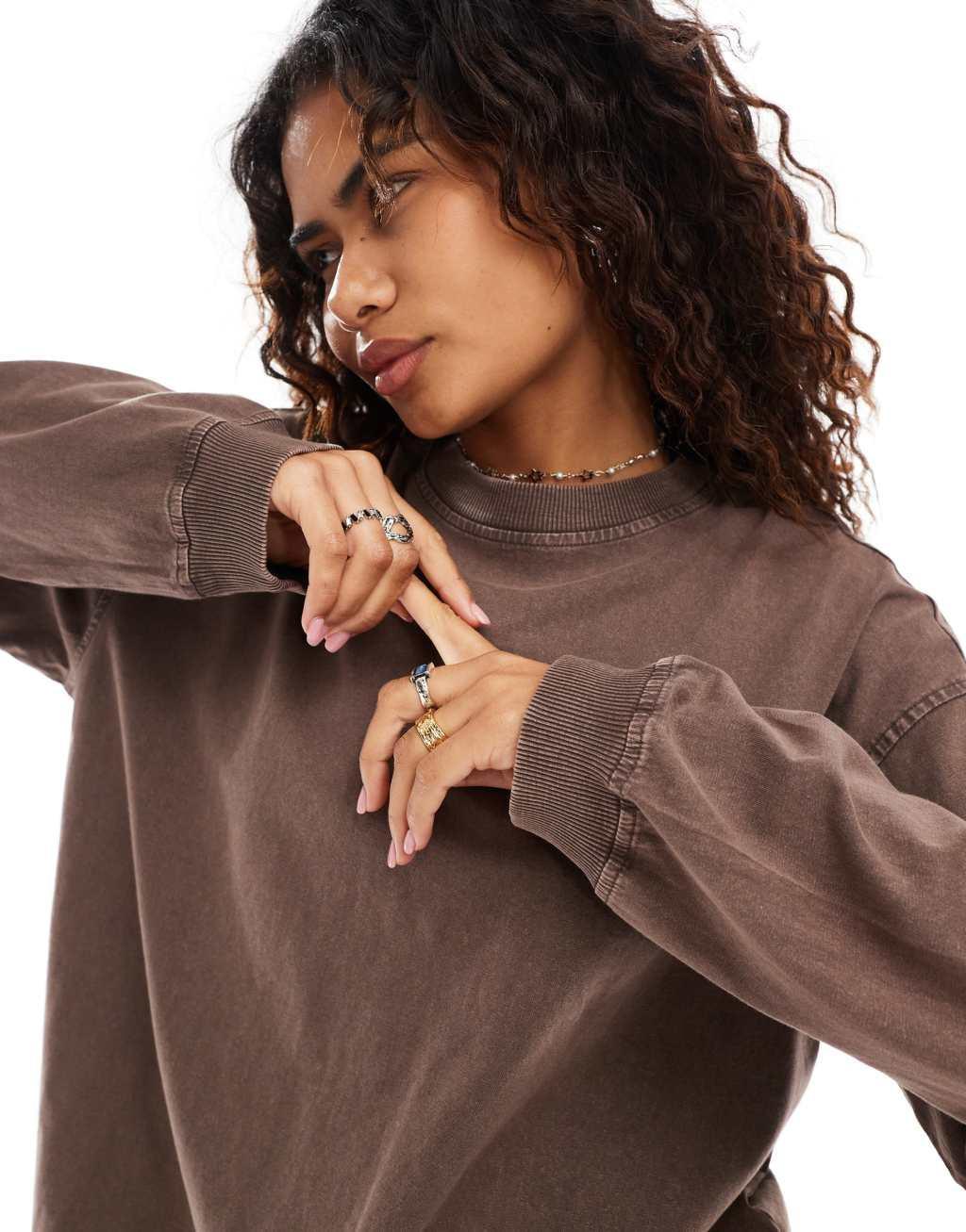 Monki long sleeve heavyweight oversized top in washed brown Product Image