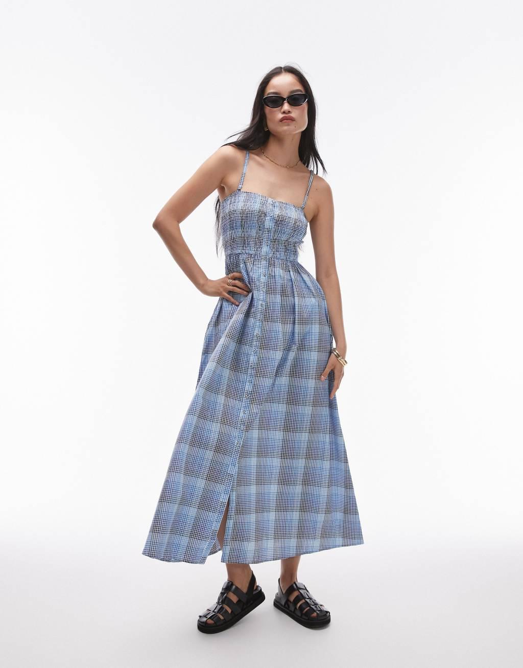 Topshop seersucker check shirred midi dress in blue check Product Image