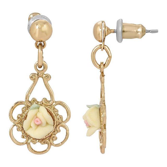 1928 Gold Tone White Porcelain Rose Drop Earrings, Womens, Yellow Product Image