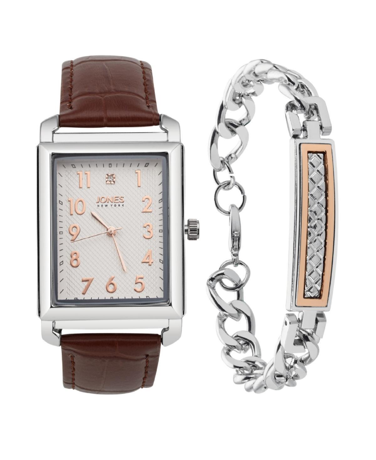 Jones New York Mens Analog Brown Croc Leather Strap Watch 33mm Bracelet Gift Set - Silver Product Image