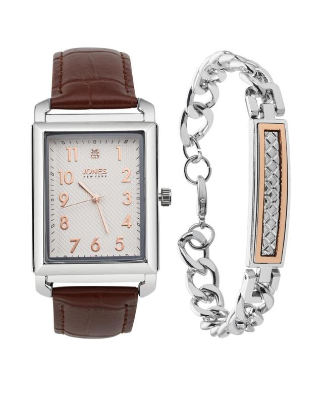 Jones New York Mens Analog Brown Croc Leather Strap Watch 33mm Bracelet Gift Set - Silver Product Image