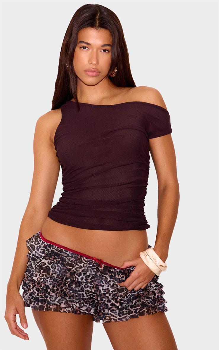 Brown Mesh Asymmetric Ruched Long Top Product Image