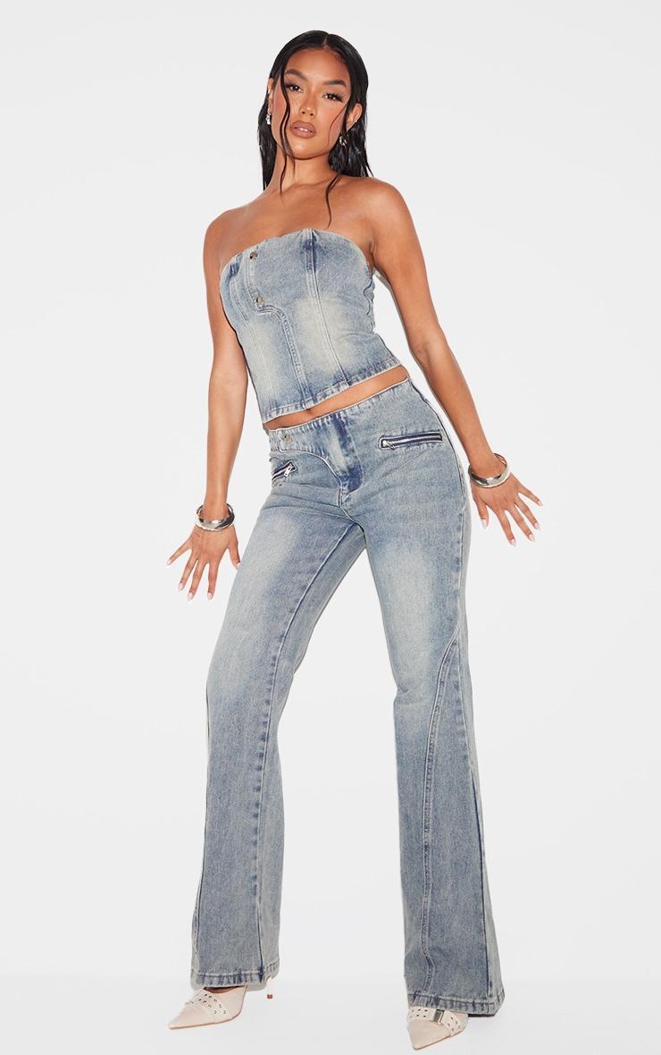 Vintage Asymmetric Waistband Jet Zip Detail Flared Jeans Product Image