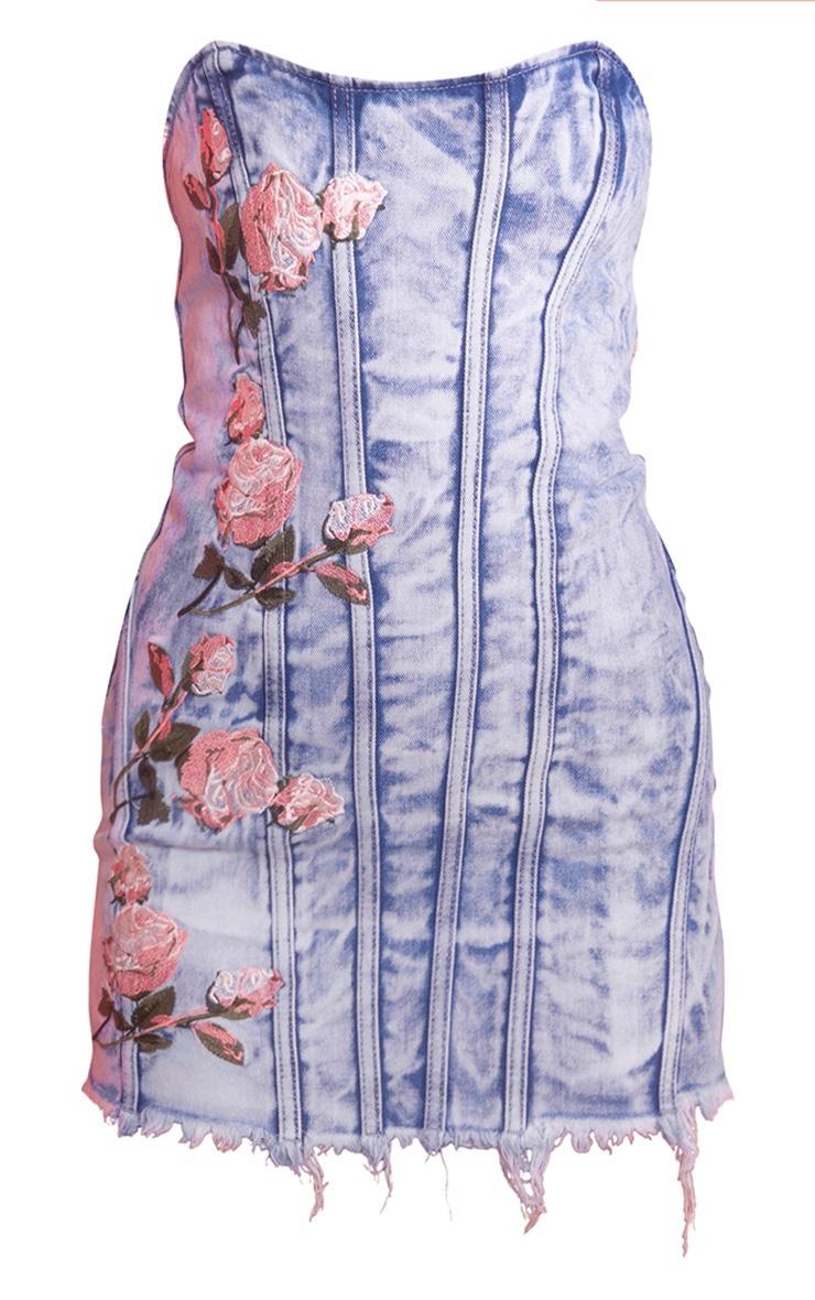  Vintage Bleach Wash Flower Embroidered Denim Mini Dress Product Image