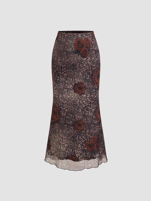 Mesh Mid Rise Rose Leopard Maxi Skirt Product Image