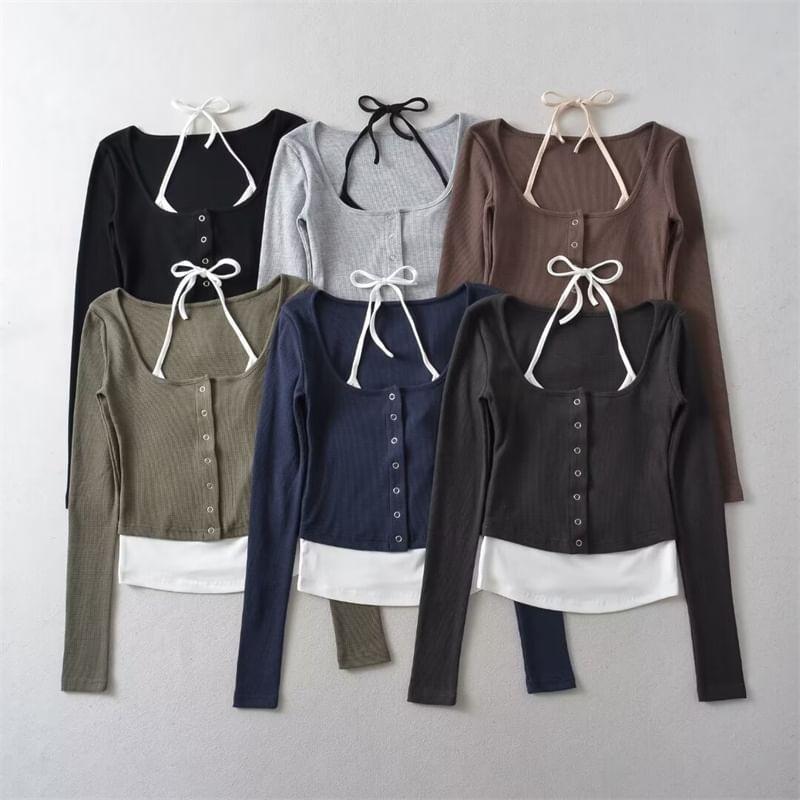 Long-Sleeve Plain Button-Up Mock Two-Piece T-Shirt Product Image