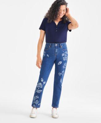 Petite High-Rise Floral-Motif Straight Jeans, Created for Macy's product image