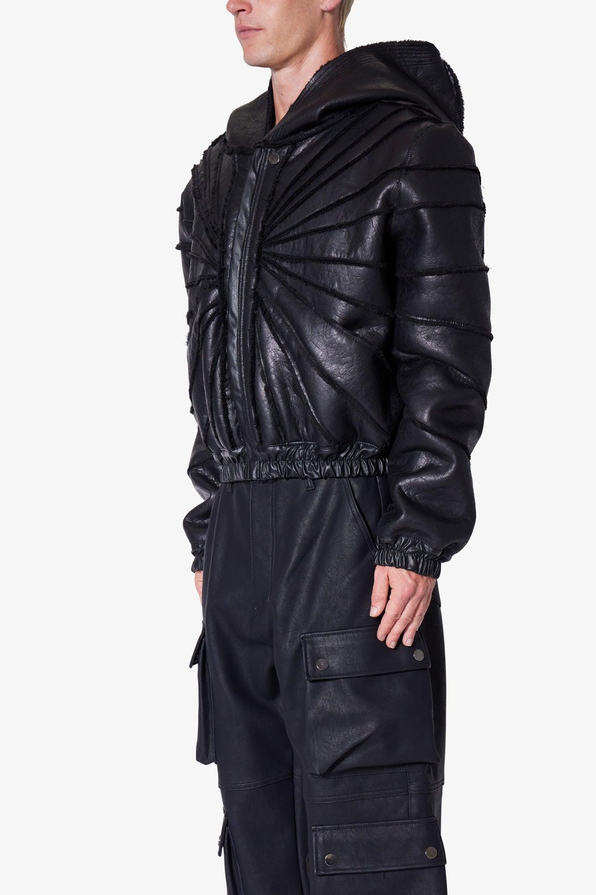 Leather Web Cropped Hoodie - Black Product Image