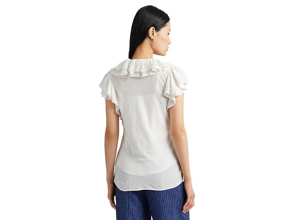 LAUREN Ralph Lauren Ruffle-Trim Gauze Flutter-Sleeve Shirt (Mascarpone Cream) Women's Clothing Product Image