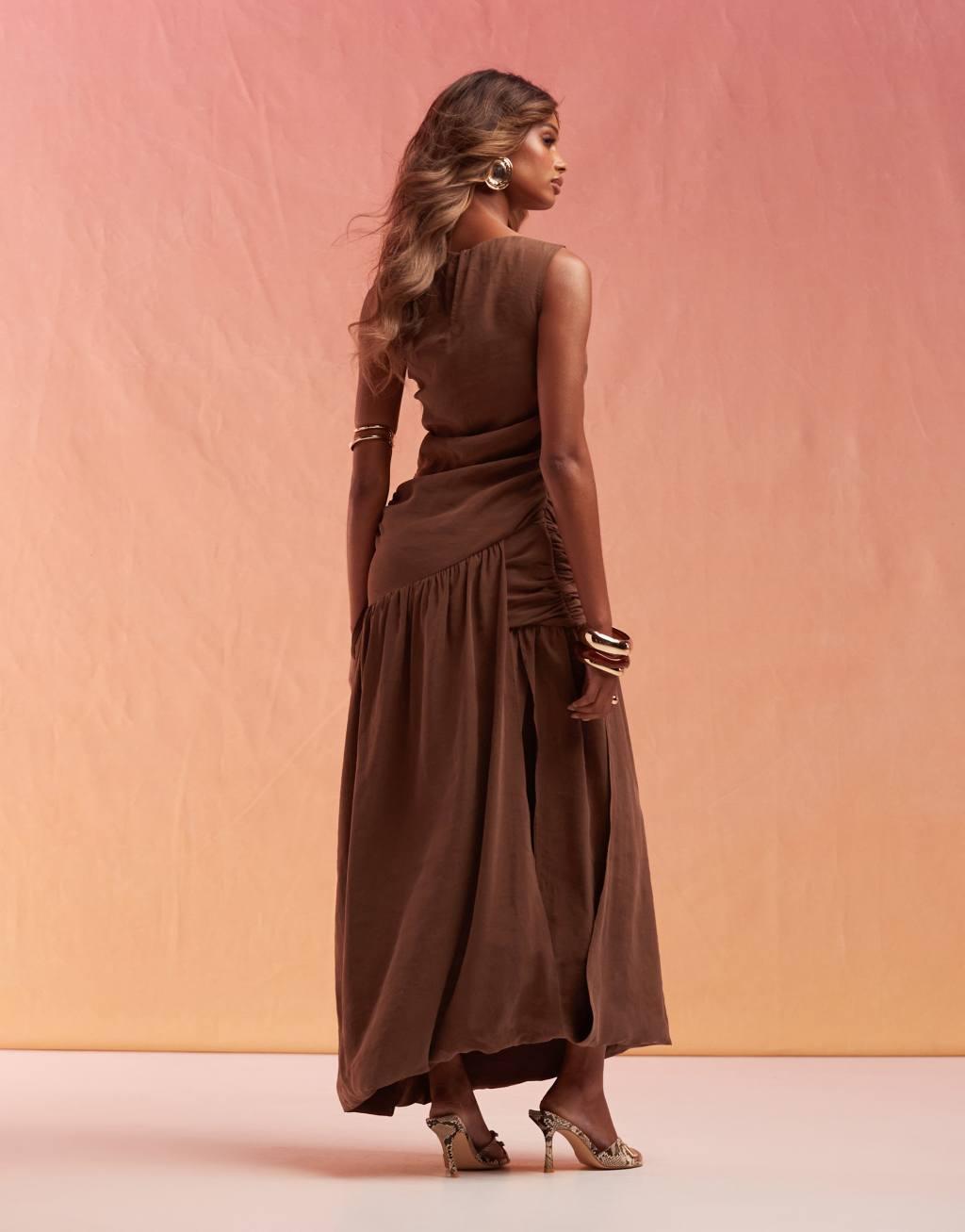 ASOS DESIGN soft draped midi dress with drawstring tie sides in chocolate Product Image