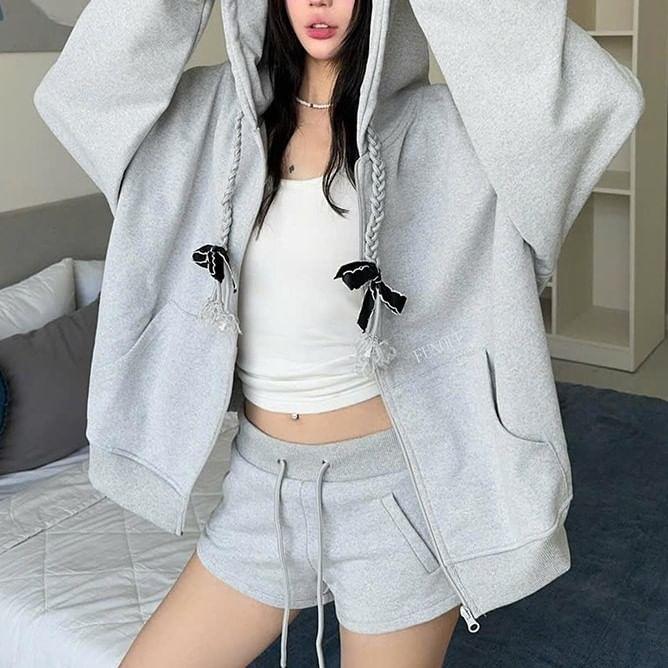 Plain Bow Zip Hoodie Product Image