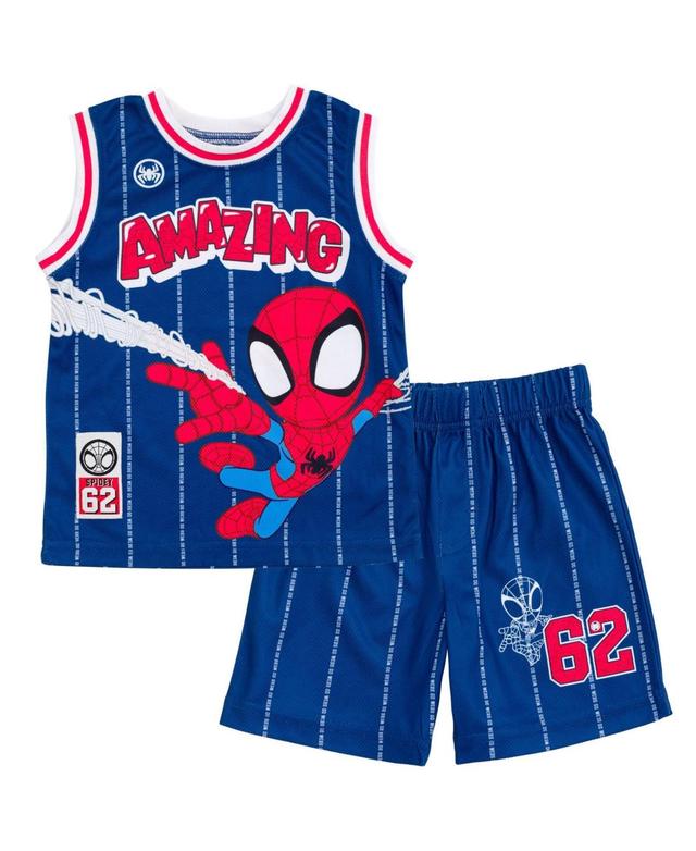 Marvel Toddler Boys Spider-Man Miles Morales Mesh Jersey Tank Top Shirt and Basketball Shorts to - Blue Product Image