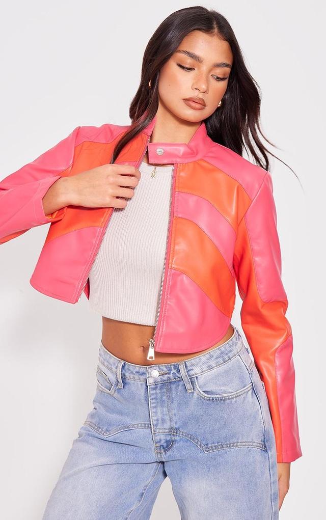  Pink Asymmetric Lines Faux Leather Crop Jacket Product Image