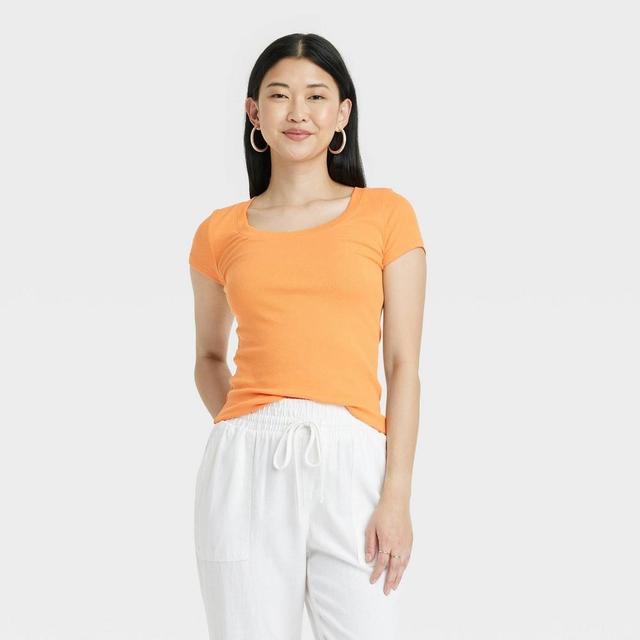 Womens Slim Fit Short Sleeve Ribbed Scoop Neck T-Shirt - A New Day Orange L Product Image