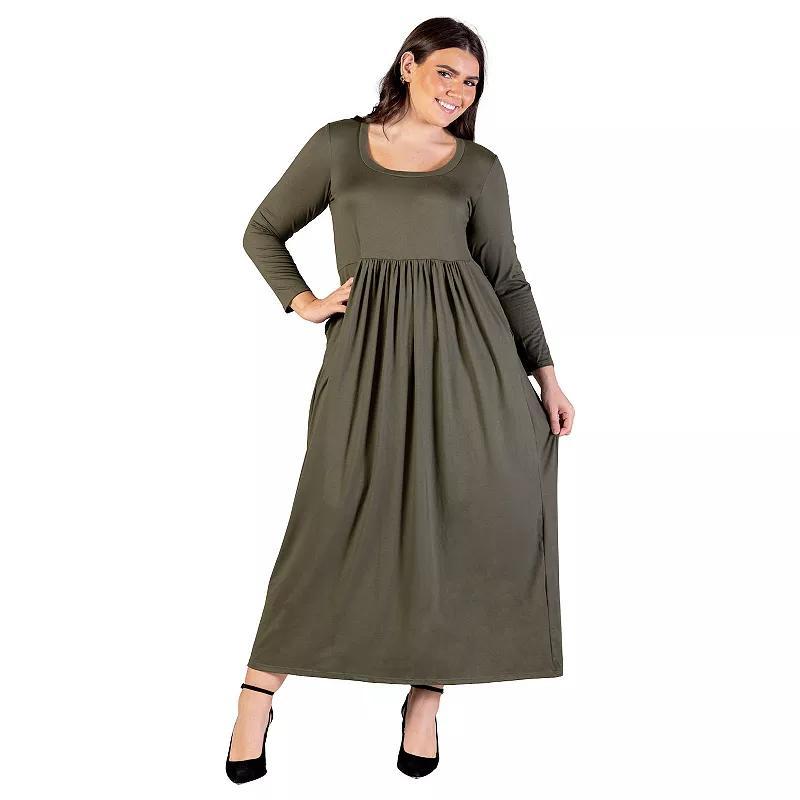 Plus Size 24Seven Comfort Apparel Long Sleeve Empire Waist Pocket Maxi Dress, Womens Green Product Image