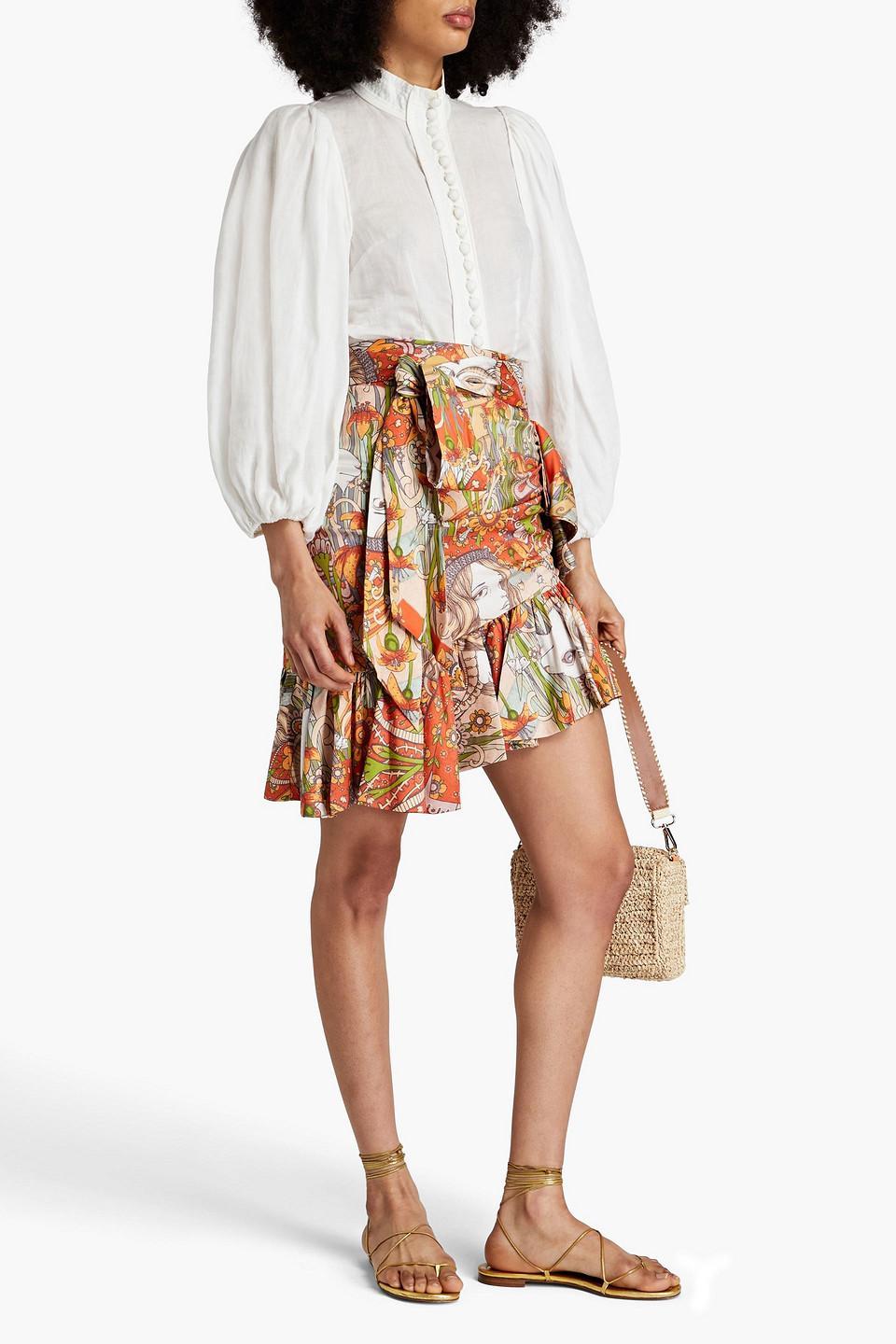 Ruffled Printed Stretch-silk Crepe De Chine Skirt In Orange Product Image