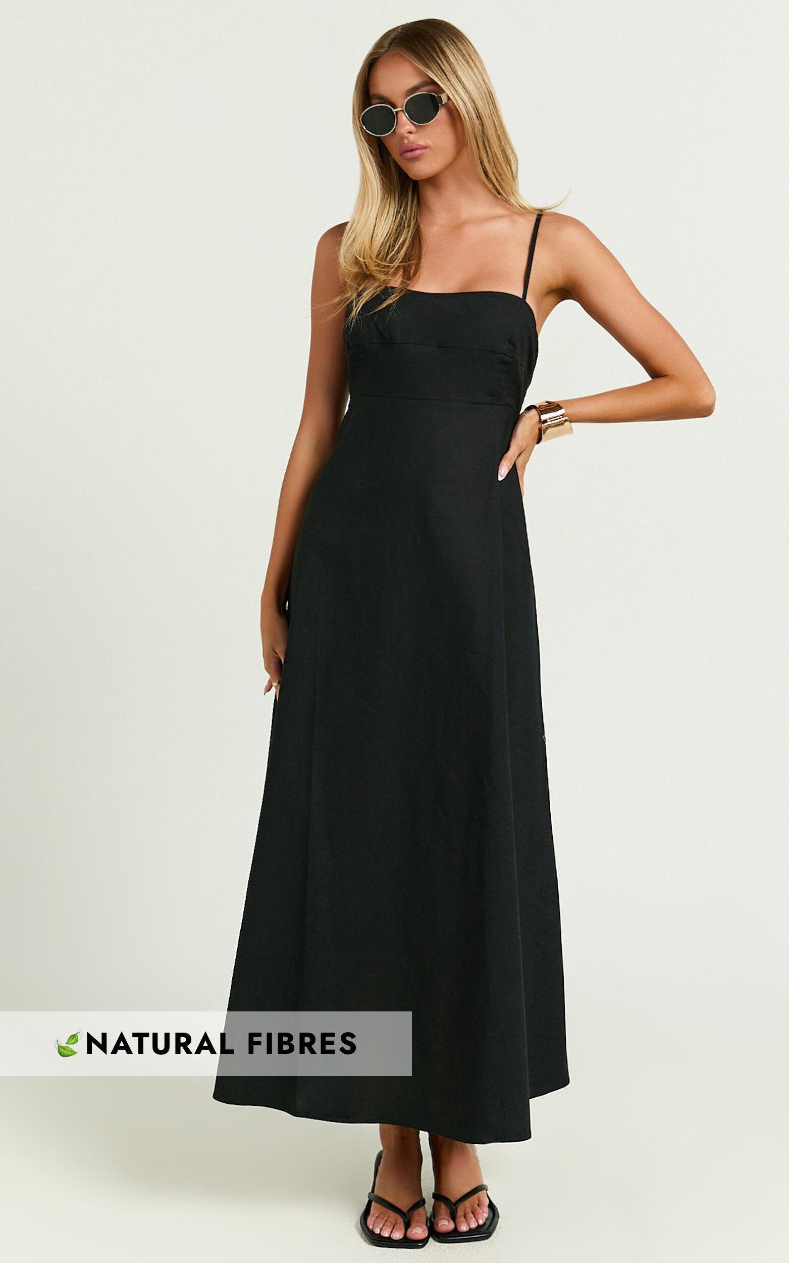 Brette Midi Dress - Linen Look Straight Neck Strappy Fit And Flare Dress in Black Product Image