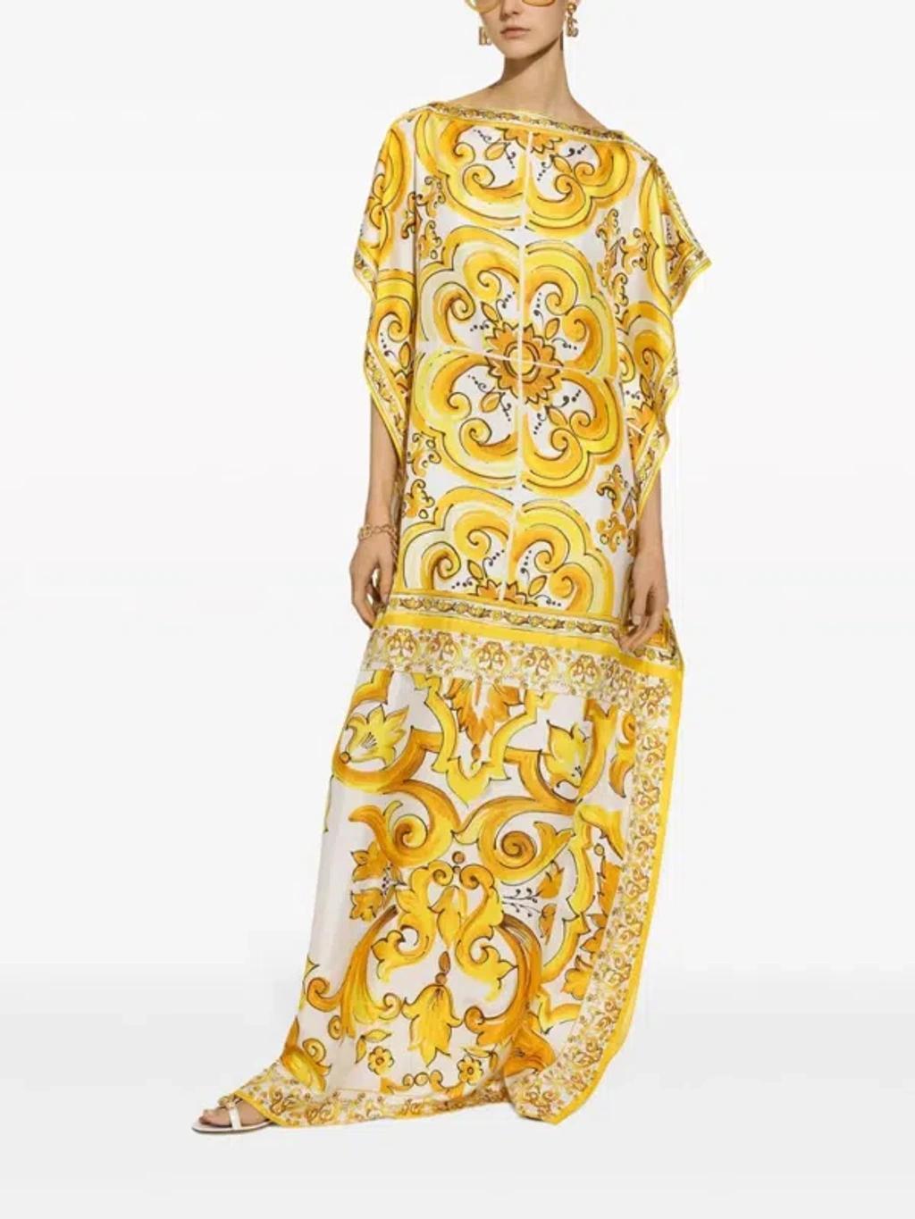 Silk Twill Caftan With Majolica Print In Yellow Product Image