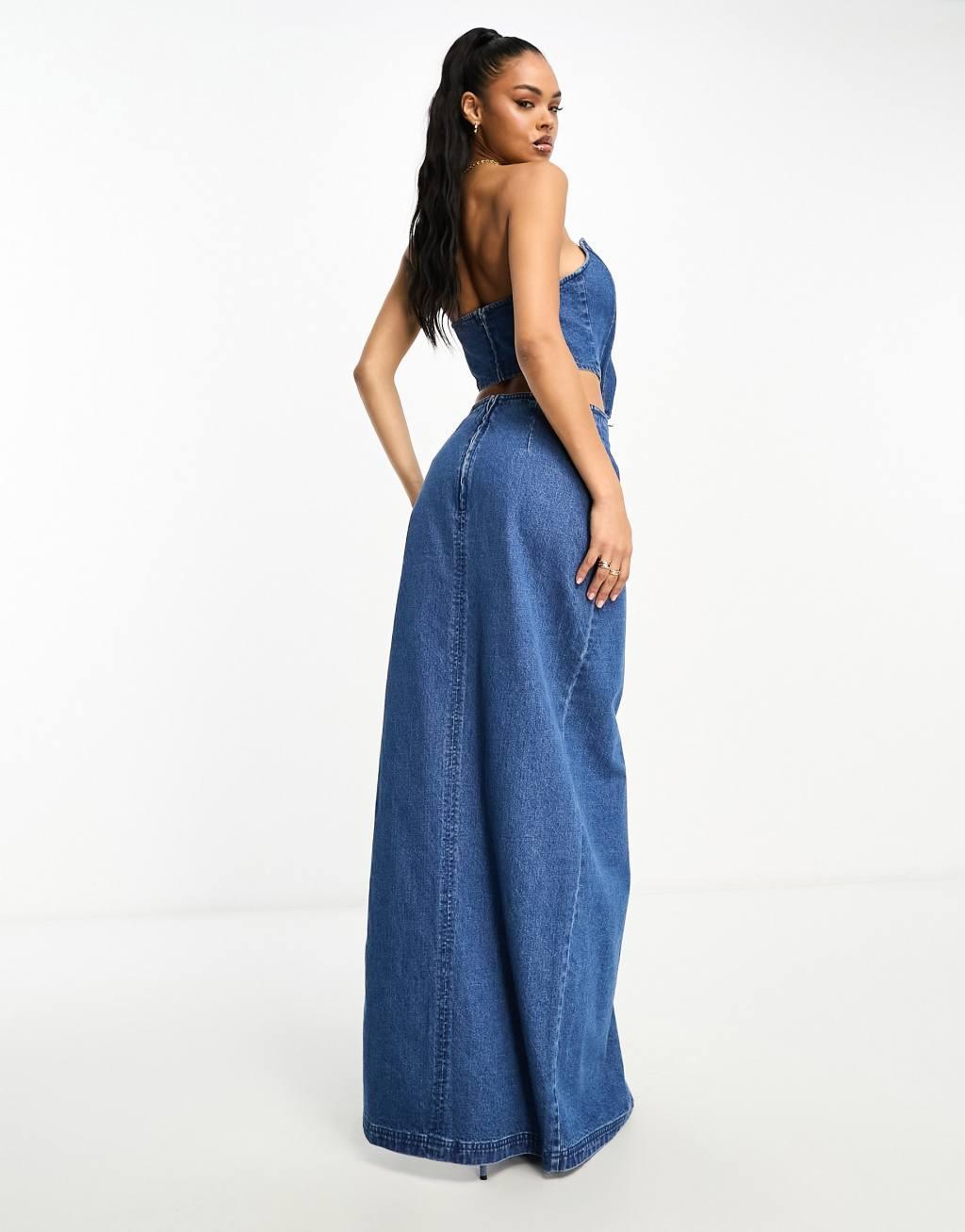 AFRM nadia denim maxi skirt in midwash blue with high rise slit - part of a set Product Image