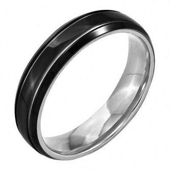 Men's 6.0mm Beveled Wedding Band in Black IP Stainless Steel Product Image