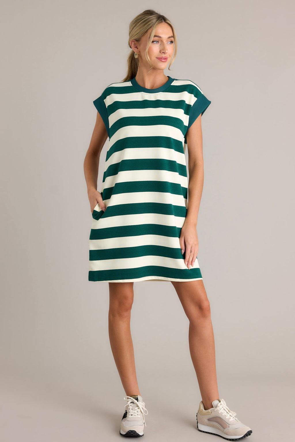 Harmony Horizon Forest Green Stripe Cap Sleeve Mini Dress Product Image