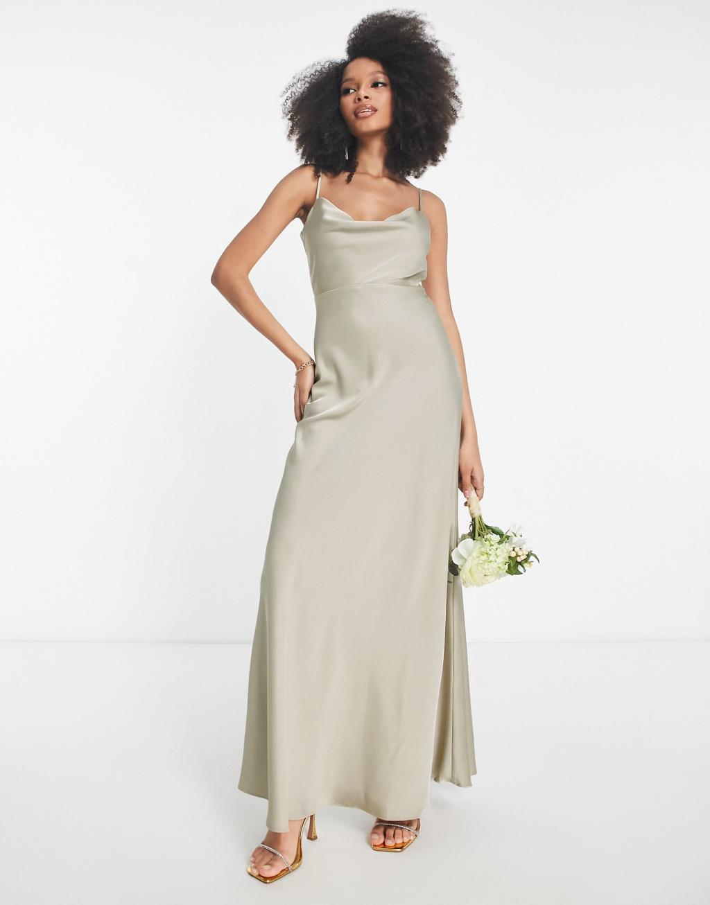 ASOS DESIGN Bridesmaid satin cowl neck maxi dress with full skirt in sage green  Product Image