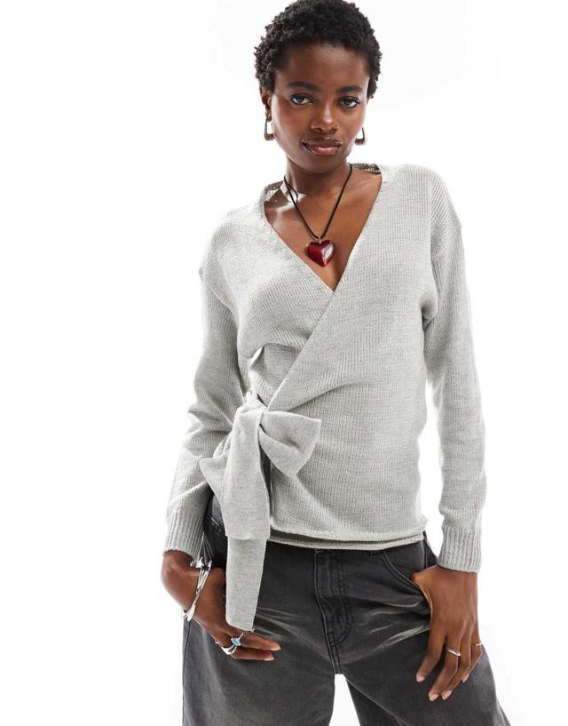 Glamorous wrap front sweater in gray heather knit Product Image