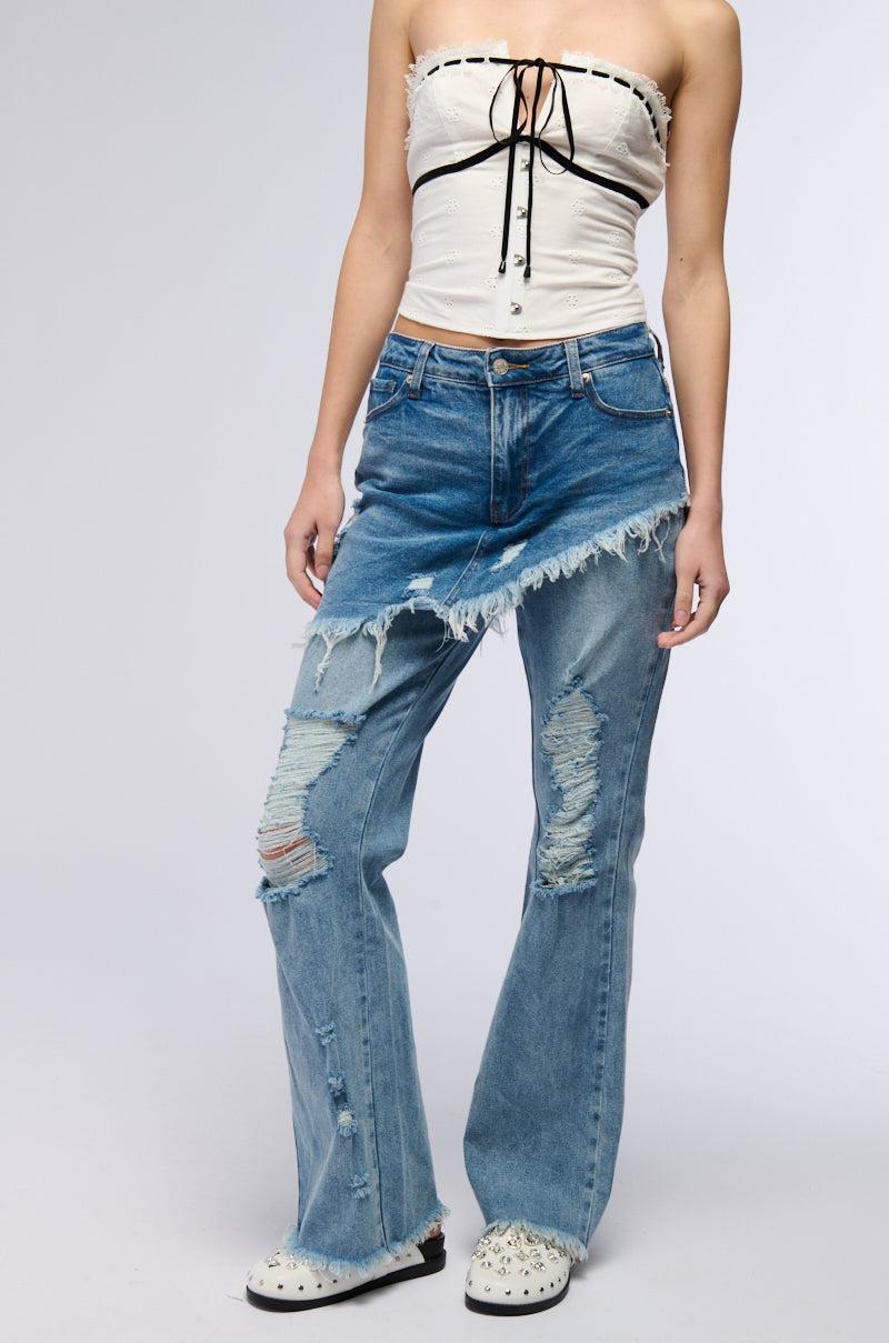 DISTRESSED SKIRT STRAIGHT LEG DENIM JEANS Product Image