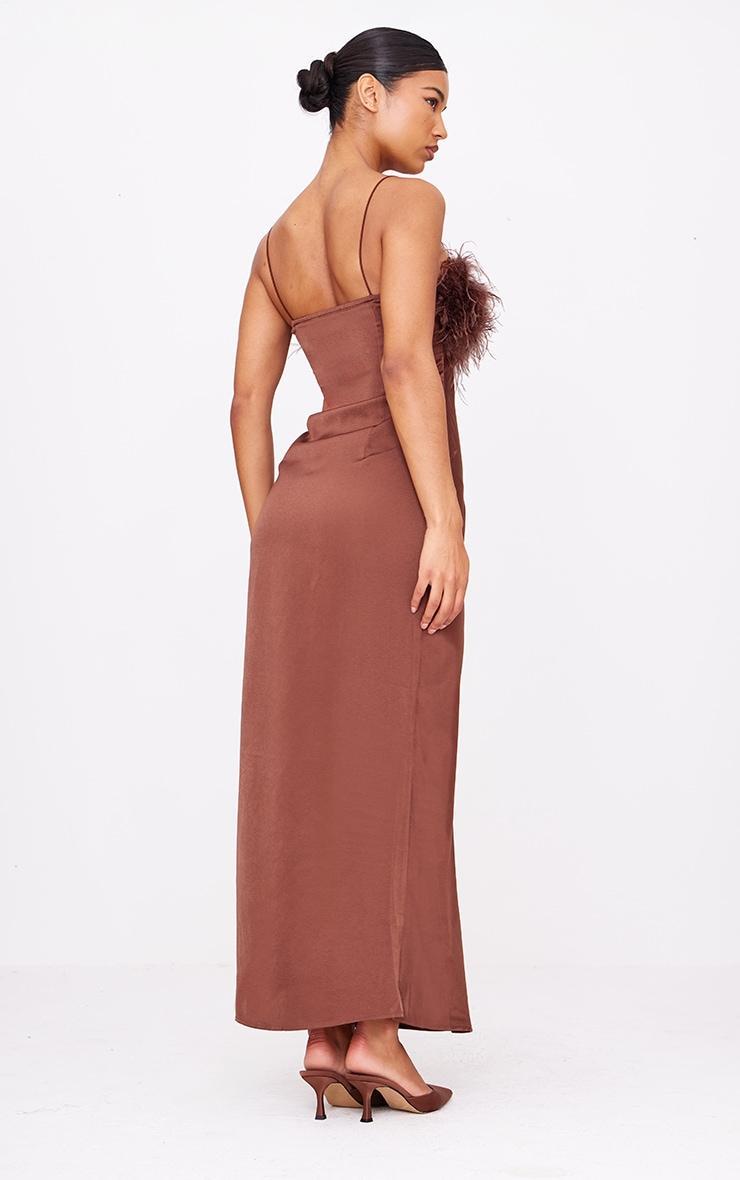 Chocolate Satin Feather Bust Detail Maxi Dress Product Image